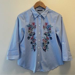 Alyx Top Shirt Womens Blue Striped Floral Collaress RollTab Sleeve Size S